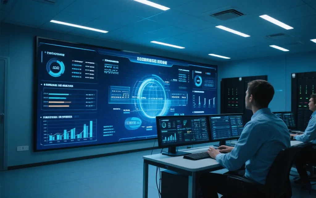 数据中心内工作人员监控大屏,实时数据流动